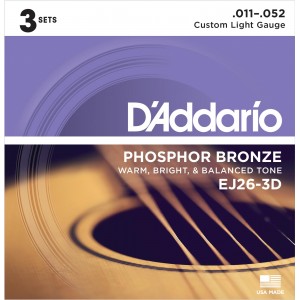 D'Addario EJ26-3D Phosphor Bronze Custom Light Acoustic Strings (.011-.052) 3 Sets